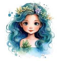 Portrait of a beautiful mermaid with blue hair in a wreath. Watercolor cartoon illustration