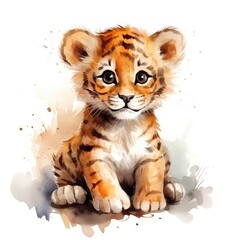 Cute little tiger cub isolated on white background.  Watercolor cartoon illustration