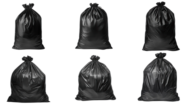 Collection of PNG. Black garbage bag isolated on a transparent background.