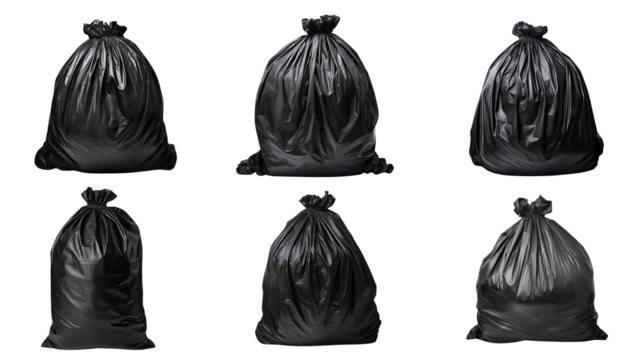 Collection of PNG. Black garbage bag isolated on a transparent background.