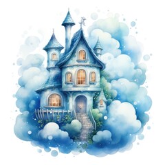 Watercolor cartoon illustration of a beautiful fairy tale house in the clouds.