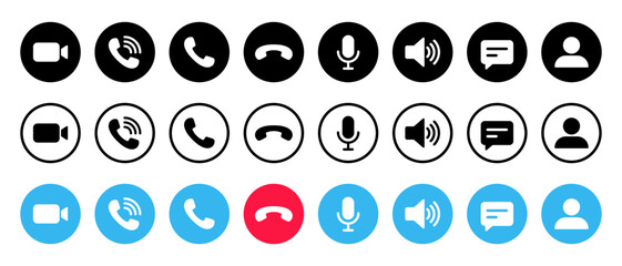 Video call button icon set screen template. Camera, handset, microphone, speaker, message, and profile vector - obrazy, fototapety, plakaty