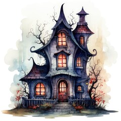 Fototapeta na wymiar Watercolor cartoon illustration of Halloween spooky house on a white background 