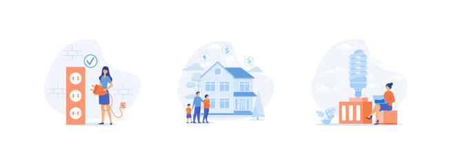 Obraz premium Sustainability, people reduce energy consumption at home, unplug appliances and use energy saving light bulb. Energy consumption set flat vector modern illustration
