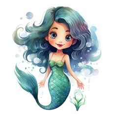 Cute cartoon mermaid. Watercolor illustration on white background.