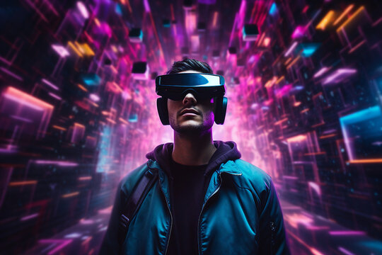 Youngster watching 3d object in virtual world fun cheerful vr glasses goggles generative ai