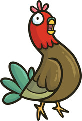 Funny little brown green rooster cartoon illustration