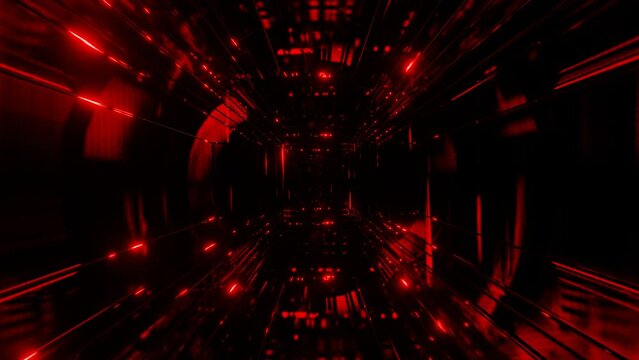 movement through a dark endless abstract tunnel. black stripes with flashing red light on a black background. 3d render looped animation