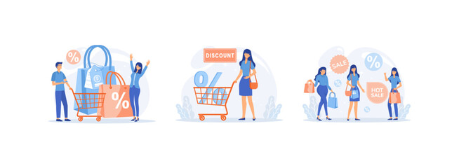 Discount for Online Shopping, sales cart discounts, people with Shopping Bags and Presents,. Big discount set flat vector modern illustration   © Alwie99d