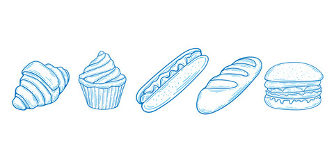 Hand drawing food set. Hamburger, Hot dog, Cake, bun. Confectionery baked goods.Vector , illustration.