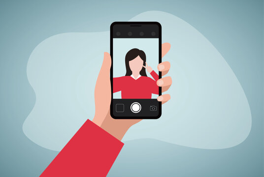 Young woman taking selfie photo on smartphone. Hands holding mobile phone. Vector illustration