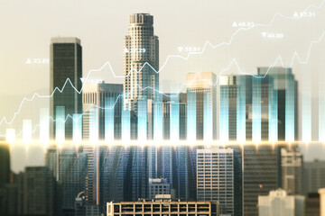 Multi exposure of virtual creative financial chart hologram on Los Angeles skyscrapers background, research and analytics concept