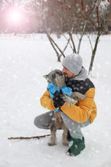 a man in a bright yellow jacket and a gray hat and gray pants walks in the snow in winter with a schnauzer dog. dog in a blue sweater. snowing