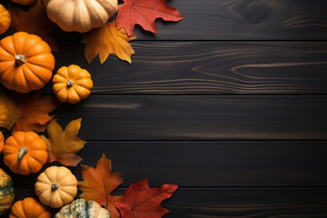 Festive Autumn Decor on Black Wooden Background, Pumpkin aand Leaves on Dark Wood