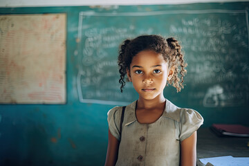 Ethnic School pupil in classroom learning education system wearing uniform, generated ai