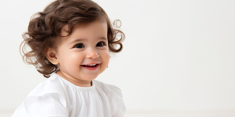 toddler baby infant smiling laughing at camera white background illustration wide backdrop infant face, generated ai