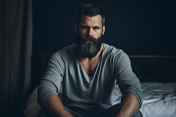Obraz premium Generative AI illustration of nice handsome man after sleeping in comfort bed own apartment