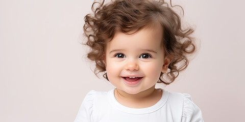 Naklejka premium toddler baby infant smiling laughing at camera white background illustration wide backdrop infant face, generated ai