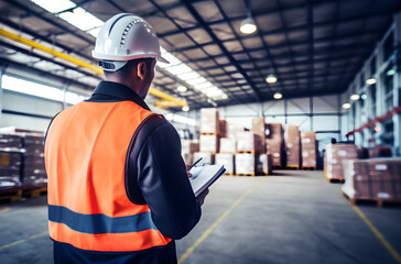 Warehouse Audit and Inspection: Safety Officer Wearing Correct PPE, Checking, and Writing on Checklist Document - obrazy, fototapety, plakaty
