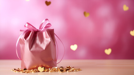 A pink gift bag surrounded by gold foil hearts, on a pink background, with dark yellow and maroon accents creating a warm, romantic ambiance, Valentine’s Day, with copy space