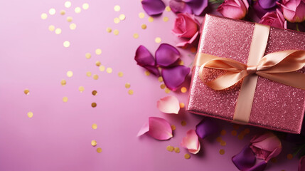 A close-up of a pink and gold foil wrapped gift, with delicate emerald and purple flowers, on a pink surface scattered with gold confetti, Valentine’s Day, with copy space