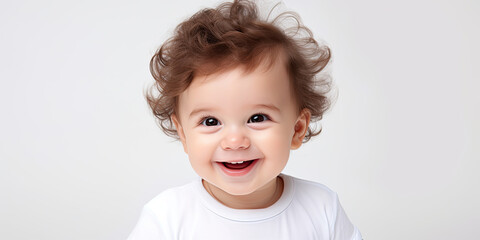 Naklejka premium toddler baby infant smiling laughing at camera white background illustration wide backdrop infant face, generated ai