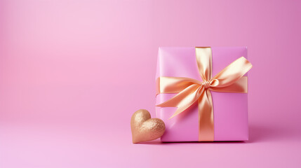A stylish pink and gold-themed gift wrapping scene, with a pink gift wrapped in gold foil, set against a pink background adorned with emerald and purple details, Valentine’s Day, with copy space