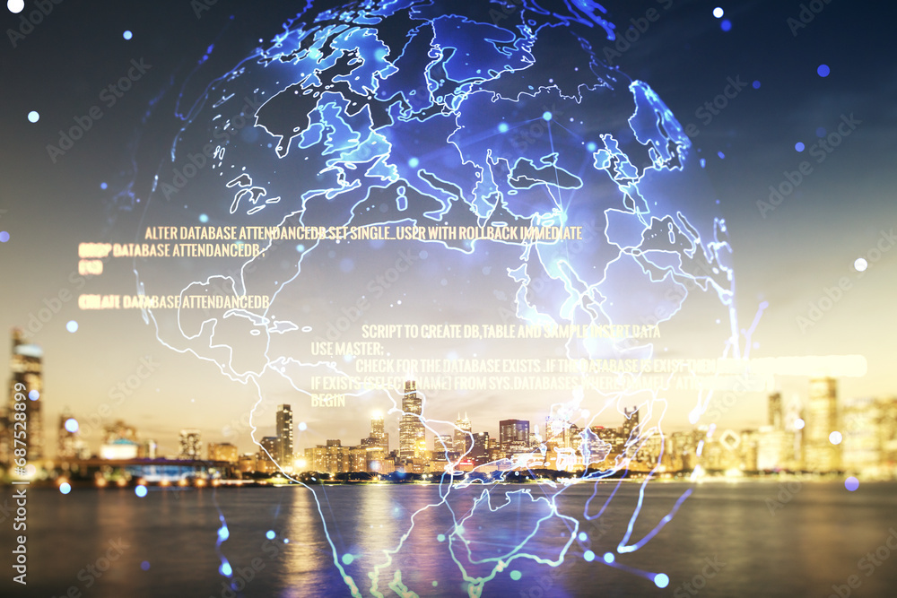 Aufkleber double exposure of abstract creative programming illustration and world map on chicago office buildi