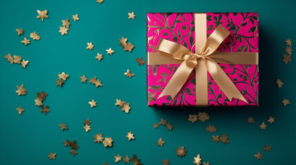 Fototapeta na wymiar Gift box adorned with a gold floral pattern, set against a backdrop of emerald green, highlighted by gold confetti, showcasing a vibrant, Valentine’s Day, with copy space