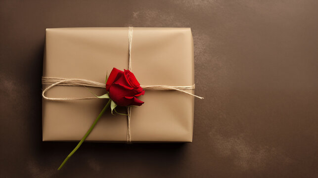 An elegantly wrapped gift in dark beige paper with subtle red heart designs, accompanied by a single red rose, symbolizing love and attention to detail, Valentine’s Day, with copy space