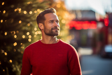 Fototapeta premium Generative AI portrait of young man in red sweater standing over christmas decorations city view