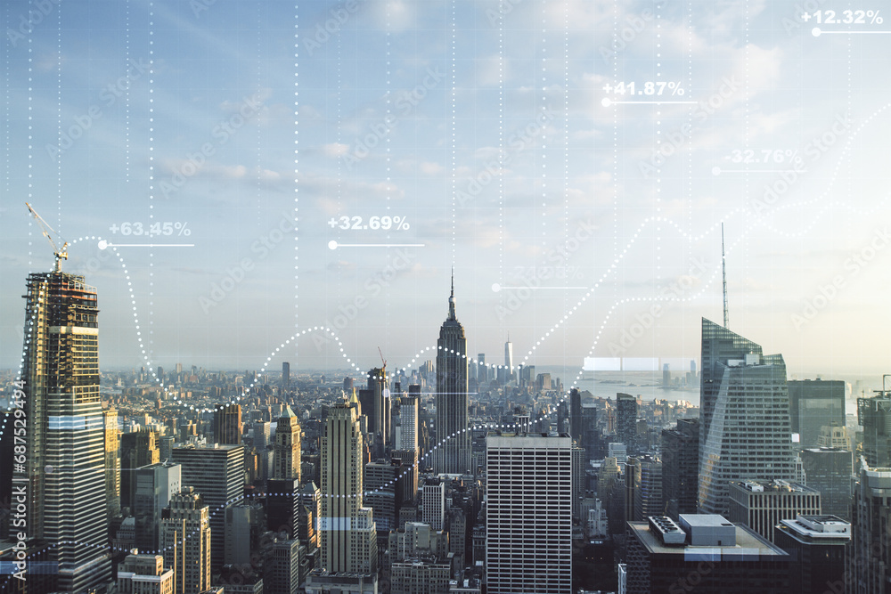 Poster multi exposure of abstract virtual graphic data spreadsheet sketch on manhattan cityscape background