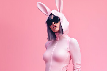 Beautiful sexy woman wearing a Easter bunny costume on pink background.
