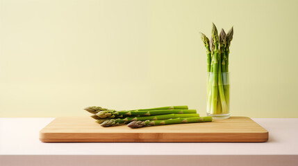 Green asparagus on cutting board. Bundle of ripe fresh asparagus. Healthy organic food. Cooking in home. Natural vitamins, raw ingredient for eating. Handpicked bio asparagus. Generated AI
