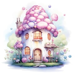 Watercolor cartoon illustration of a fairy-tale house with a pink roof and a window