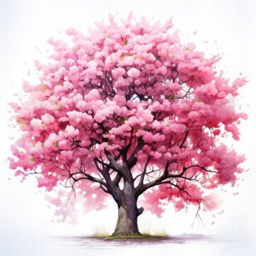 Beautiful pink sakura tree isolated on white background. Watercolor illustration