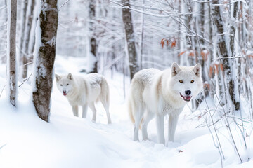 Arctic wolves or white wolf hunting in Winter Forest. 