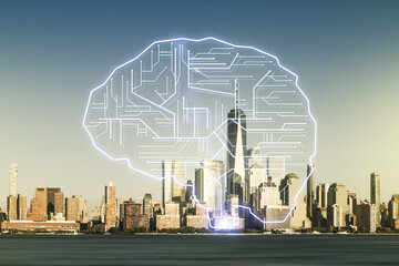 Double exposure of creative artificial Intelligence interface on New York city skyscrapers...