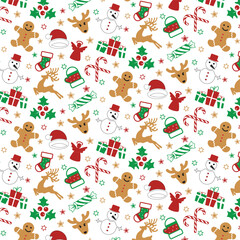 Fototapeta premium Merry christmas pattern with snowman, deer and christmas elements,Colorful New year symbols,vector illustration,christmas pattern
