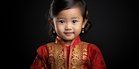 Chinese young girl wearing traditional China clothing, ethnic child, infant, toddler, generated ai