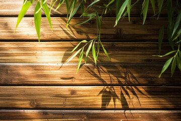 Obraz premium Green Bamboo tree with wooden background. With sunlight shine through. Suitable use as wallpaper. 