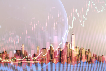 Multi exposure of virtual abstract financial graph hologram and world map on Manhattan cityscape background, financial and trading concept