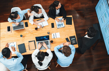 Wide top view project manager planning schedule for business task at meeting room, Gantt chart time...