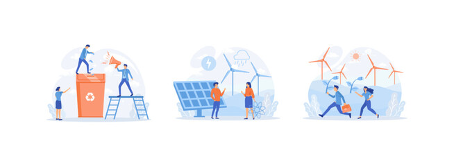 Obraz premium Ecology concept, People using eco future technology, Renewable energy, Solar panels, Wind turbines, Rain power. Ecology 1 set flat vector modern illustration 