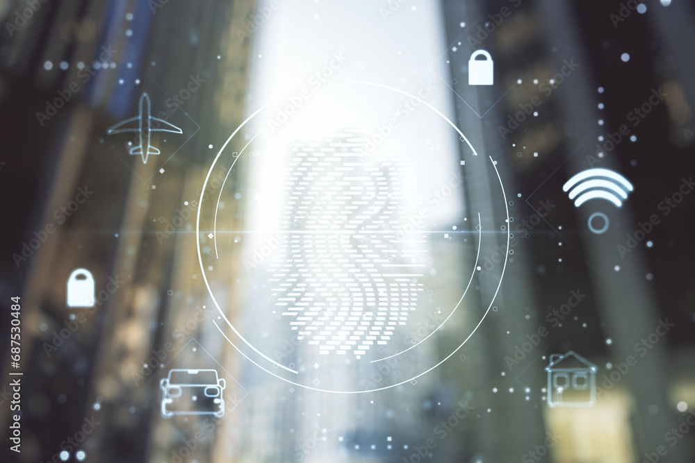 Poster Multi exposure of virtual creative fingerprint hologram on modern skyscrapers background, personal biometric data concept