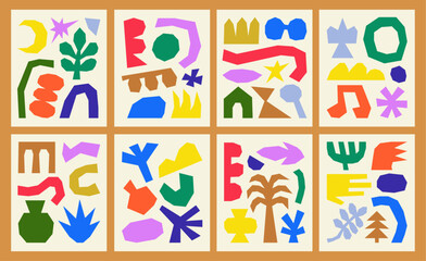 Set of simple, fun, colorful and geometric shapes. Random childish doodle cutouts. Decorative posters or backgrounds.