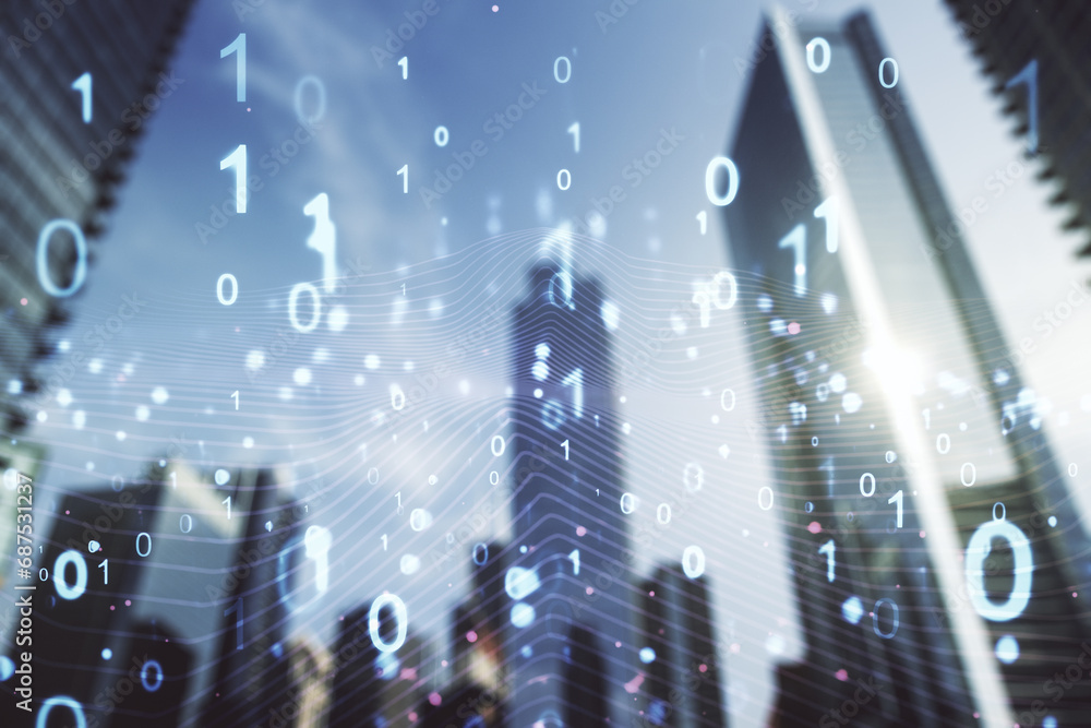 Aufkleber Abstract virtual binary code illustration on office buildings background. Big data and coding concept. Multiexposure