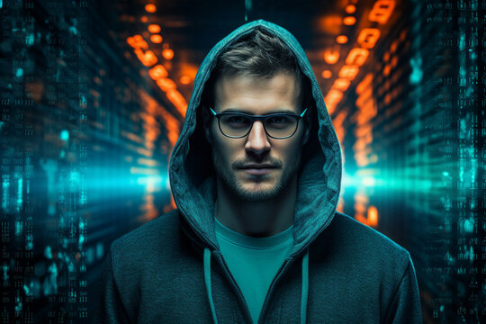 Generative AI portrait of cyberpunk system administrator programmer hacker person