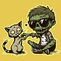 Illustration of a zombie and a cat doing a heart with their hands. Two cartoon corpses being friends