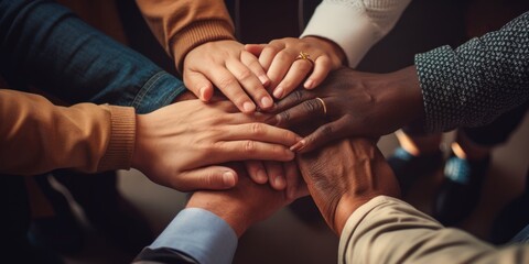 Teamwork and unity concept with hands together. - obrazy, fototapety, plakaty